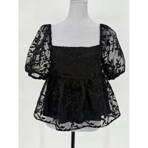 Francescas Black Floral Lace Square Neck Babydoll Coquette Whimsy‎ Womens Top